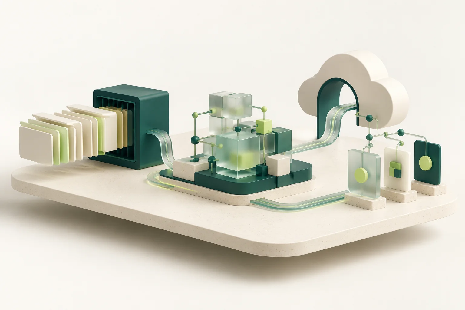 A sculptural data platform, connected AI blocks, and a cloud arch form one continuous system.